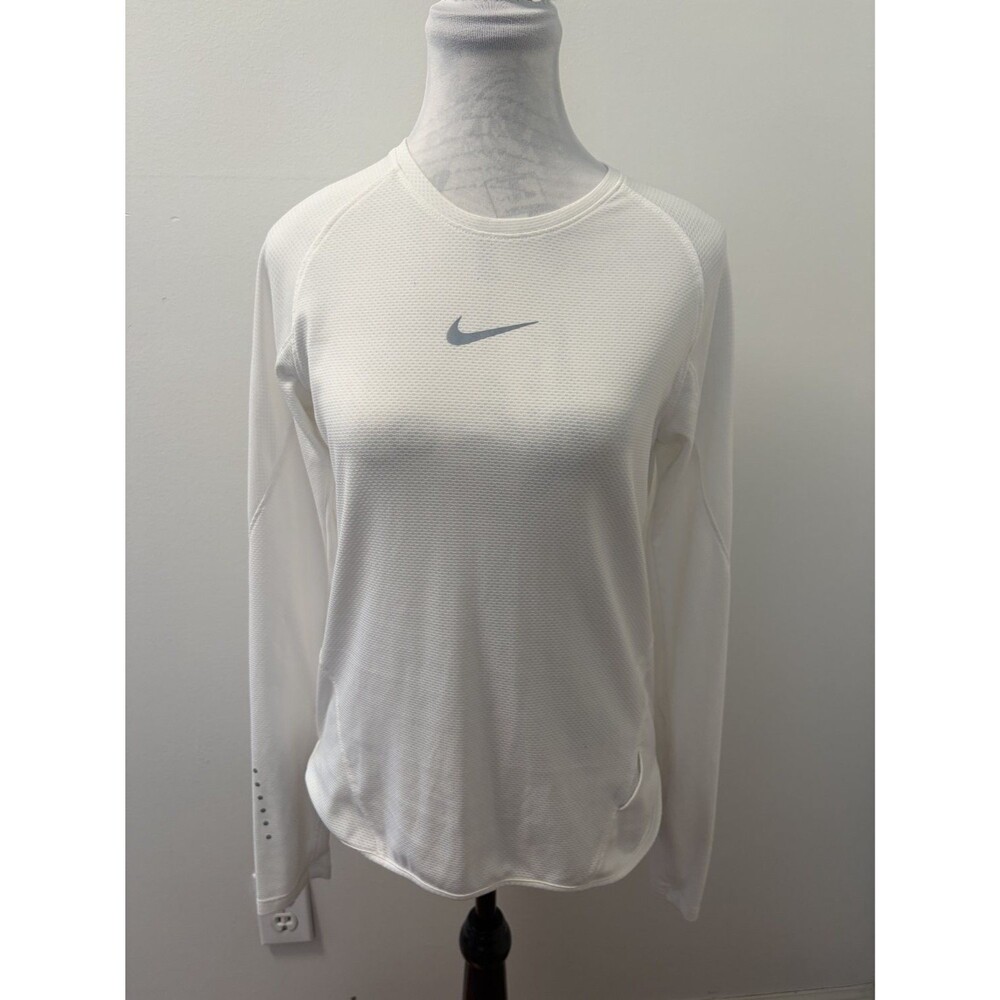Nike Dri-FIT Running Women's T-Shirt M White Mesh Breathable Texture Long Sleeve
